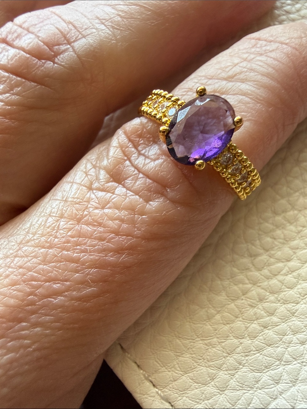 Gold-Plated Ring with Oval Purple Stone - Adjustable Sizing
